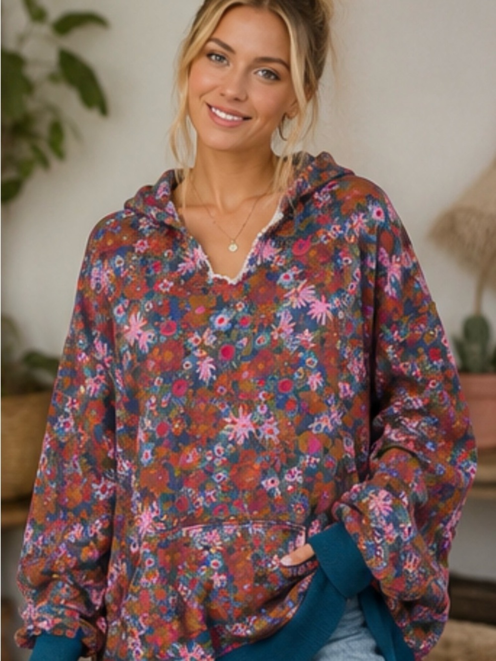 NATURAL LIFE Oversized Floral Hooded Sweatshirt in Pink, Rust & Teal, L/XL
